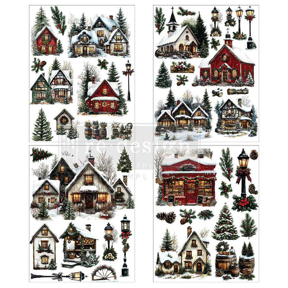 Four sheets of small rub-on transfers featuring delightful village scenes are filled with cozy buildings, twinkling Christmas trees, glowing lampposts, and more winter wonders are against a white background.