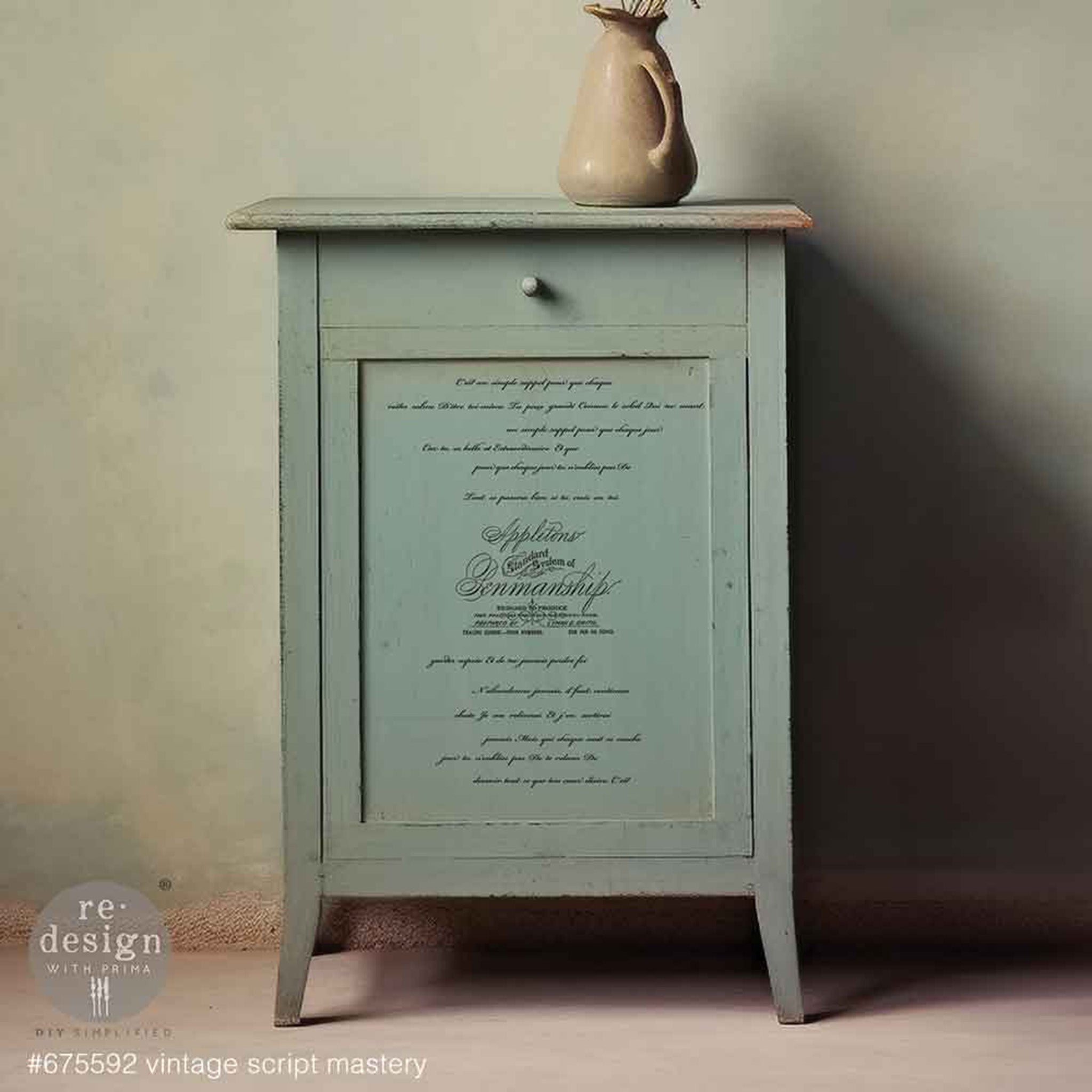 A vintage night stand with a drawer and cabinet door is painted soft sage green and features ReDesign with Prima's Vintage Script Mastery small rub-on transfer on the door.