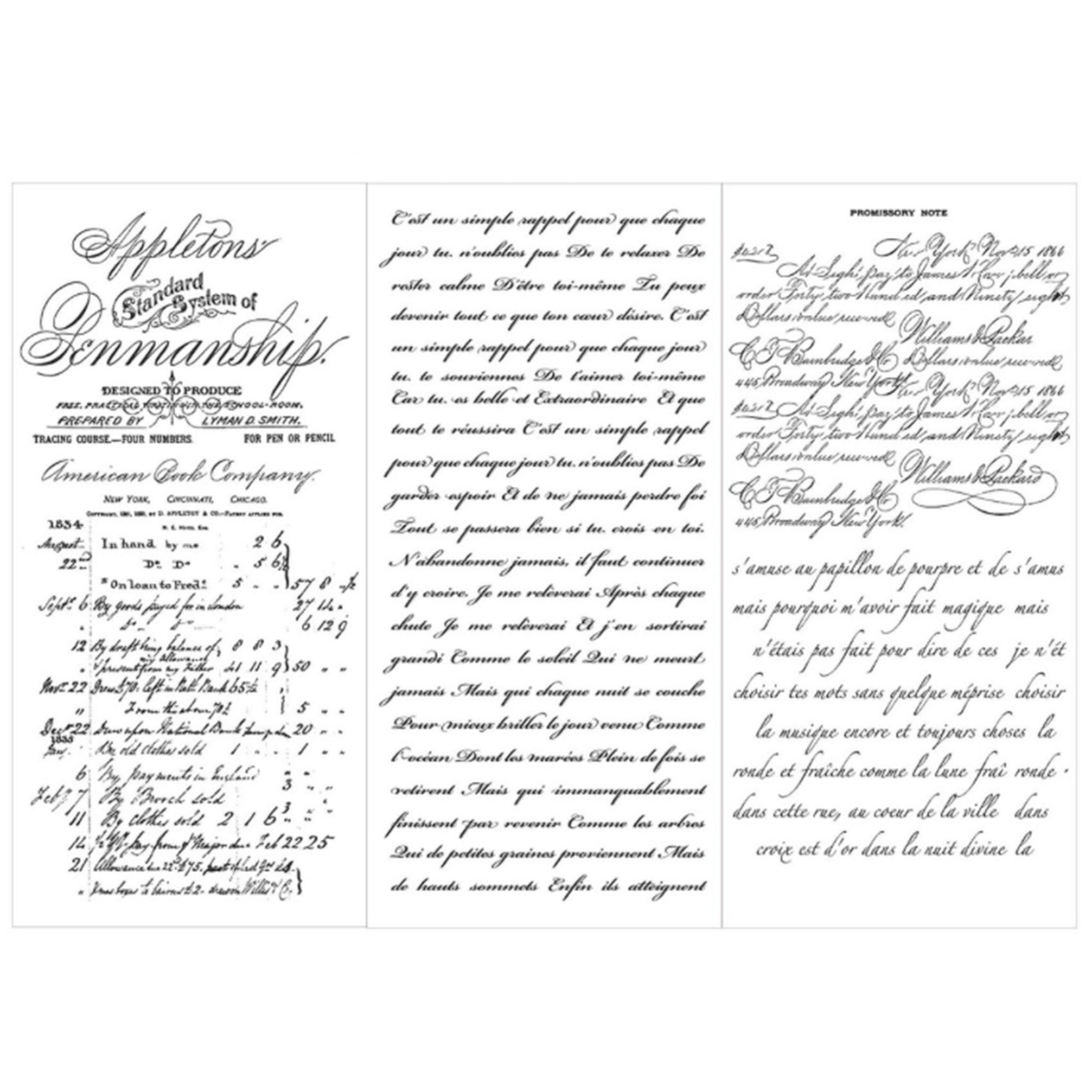 Three sheets of small rub-on transfers featuring French script writing are against a white background.