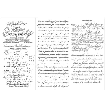 Three sheets of small rub-on transfers featuring French script writing are against a white background.