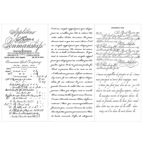 Three sheets of small rub-on transfers featuring French script writing are against a white background.