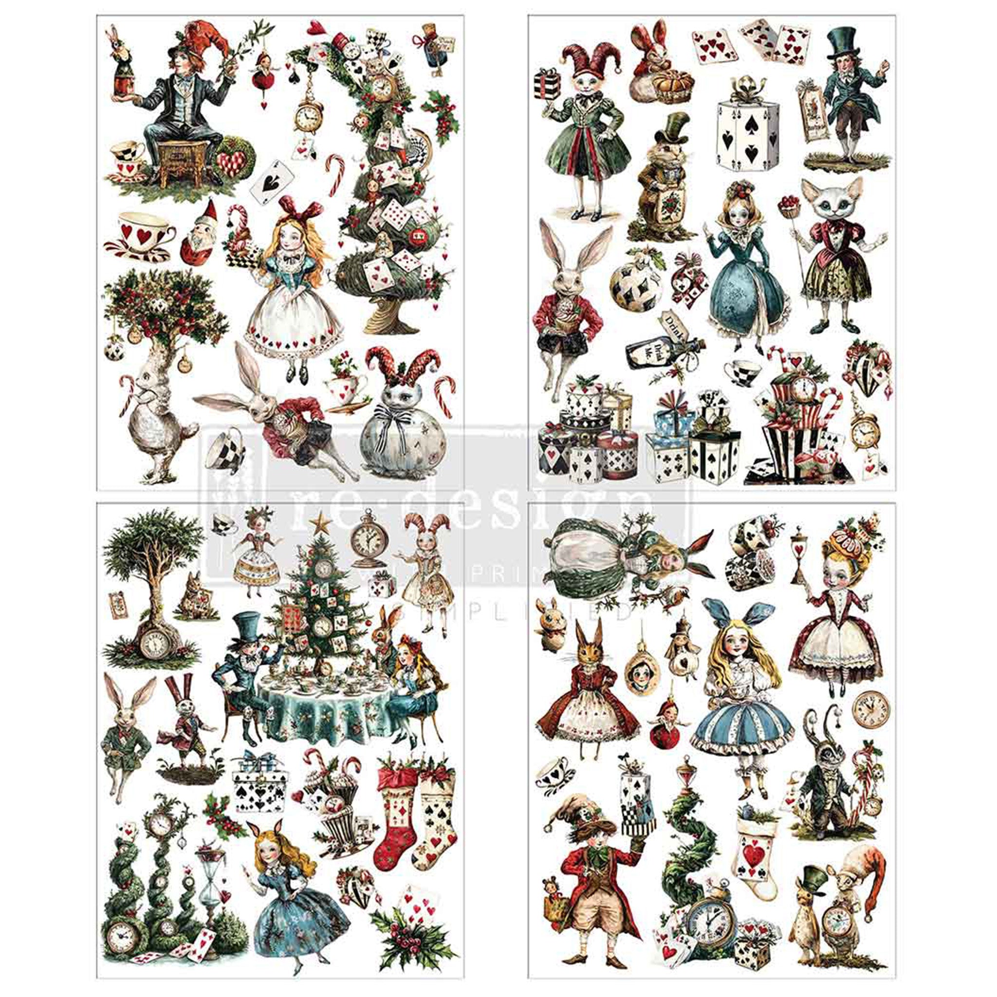 Four sheets of small rub-on transfers featuring a blend of nostalgic Christmas charm with Alice-in-Wonderland whimsy—think tea parties, jester bunnies, and clock-filled trees are against a white background.