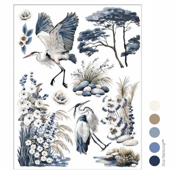Whispers by the Marsh 8.5x11 rub-on transfer sheet with blue and white herons, floral clusters, feathers, and nature-inspired accents