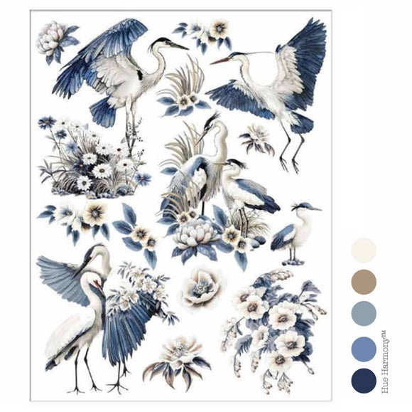 ReDesign with Prima Whispers by the Marsh furniture transfer sheet with herons, blue trees, stones, grasses, and marsh flowers