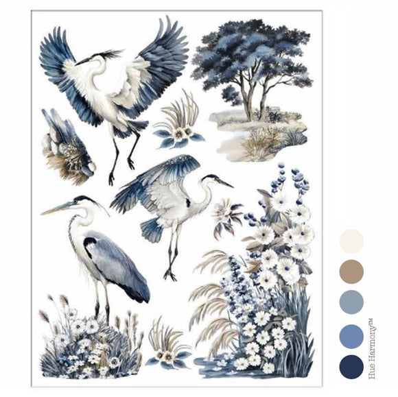 Whispers by the Marsh Middy Transfer set by ReDesign with Prima featuring three 8.5x11 sheets with blue herons, flowers, trees, and marsh designs