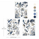Whispers by the Marsh rub-on transfer set showing three 8.5x11 sheets with cream, taupe, soft blue, denim blue, and navy color palette
