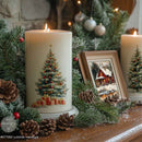 A white candle on a Christmas decorated mantle features a design from ReDesign with Prima's Yuletide Nostalgia middy rub-on transfer.