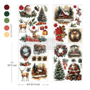 Four sheets of ReDesign with Prima's Yuletide Nostalgia middy rub-on transfers are against a white background with 5 color samples to the left. Measurements for 1 sheet reads: 11" (27.9 cm) x 8.5" (21.5 cm).