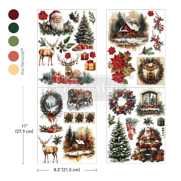 Four sheets of ReDesign with Prima's Yuletide Nostalgia middy rub-on transfers are against a white background with 5 color samples to the left. Measurements for 1 sheet reads: 11" (27.9 cm) x 8.5" (21.5 cm).