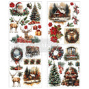 Four sheets of small rub-on transfers featuring charming Christmas scenes like Santa, sleighs, reindeer, wreaths, and trees are against a white background.