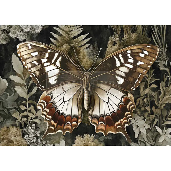ReDesign with Prima Rustling Wings A3 fiber decoupage paper full sheet - centered butterfly wings over dark botanical greenery