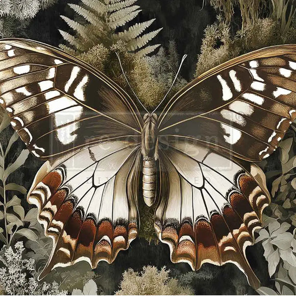 Rustling Wings A3 fiber decoupage paper closeup - large butterfly with cream, brown, and copper tones on moody botanical background