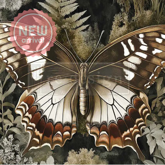 Rustling Wings A3 fiber decoupage paper closeup - large butterfly with cream, brown, and copper tones on moody botanical background