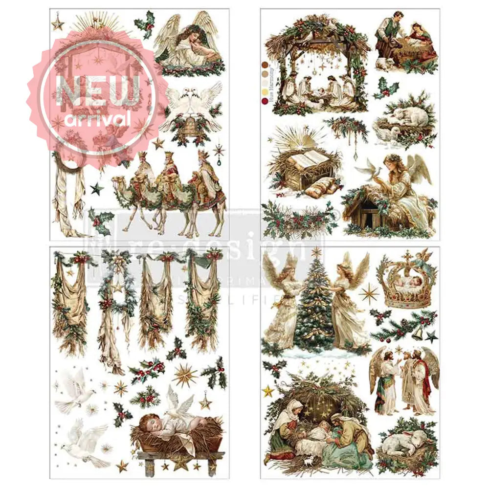 Four sheets of small rub-on transfers featuring vintage nativity scenes with the three wise men, camels, angels, Mary, Joseph, baby Jesus, stables, and Christmas trees are against a white background.