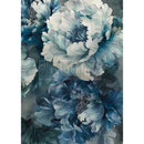 Full sheet of ReDesign with Prima Sapphire Peony A3 fiber decoupage paper with layered blue and white peony flowers on a moody background.