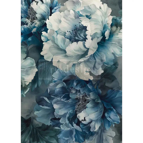 Full sheet of ReDesign with Prima Sapphire Peony A3 fiber decoupage paper with layered blue and white peony flowers on a moody background.