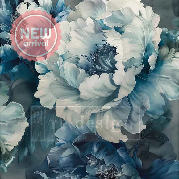 Close-up of ReDesign with Prima Sapphire Peony decoupage paper showing large white peony blooms in deep sapphire and teal tones.