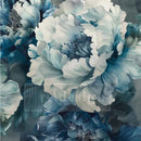 Close-up of ReDesign with Prima Sapphire Peony decoupage paper showing large white peony blooms in deep sapphire and teal tones.