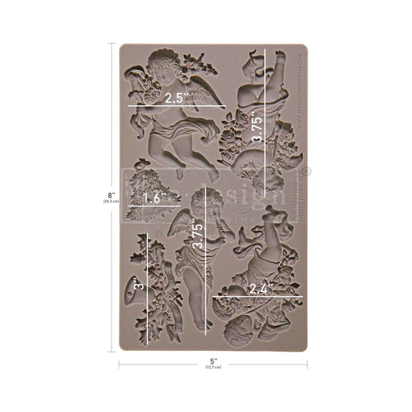 Silicone mold with floral and nature-themed designs and measurements on a beige background