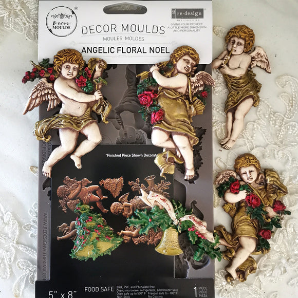 Decorative angel moulds with floral elements on packaging