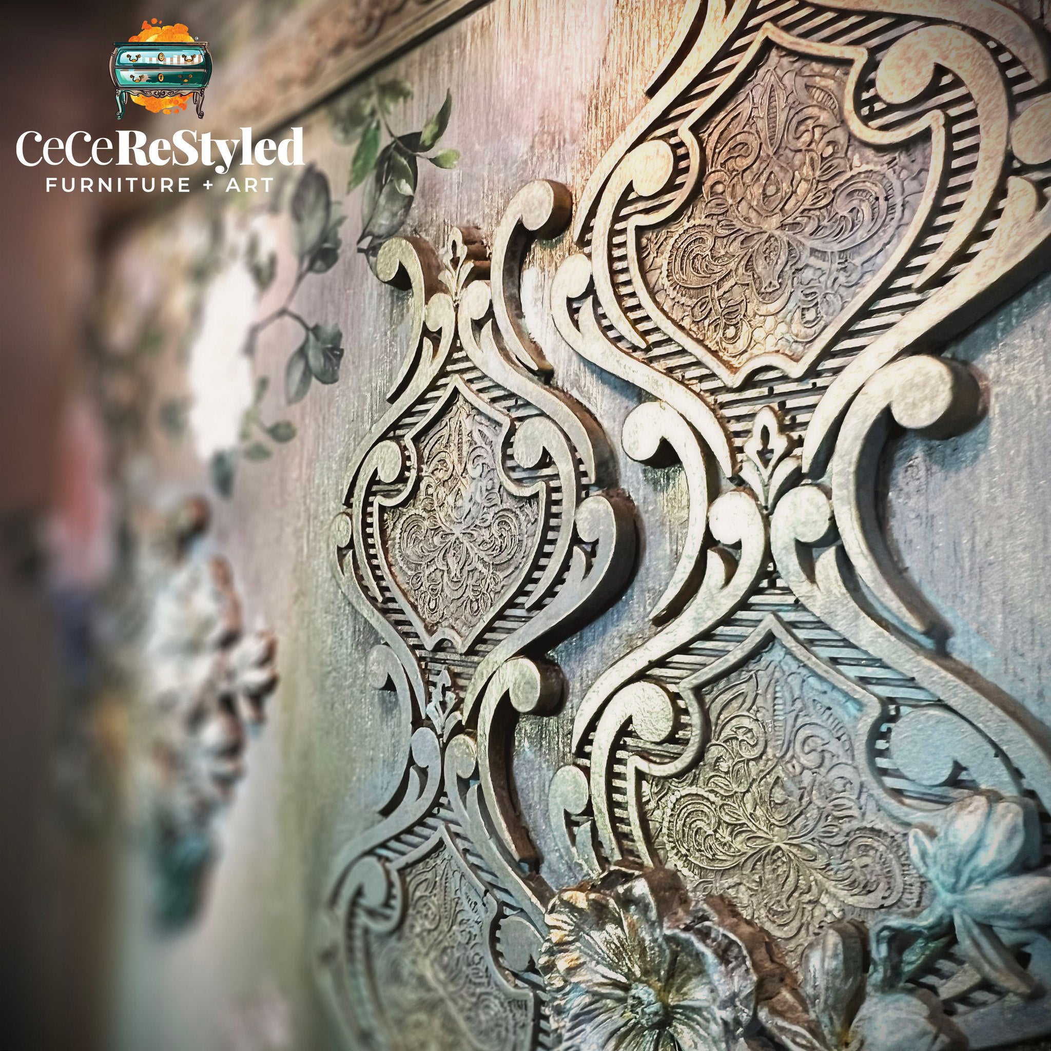 A close-up of a furniture project refurbished by CeCe ReStyled is painted metallic gold and features castings from ReDesign with Prima's Darling Damask silicone mold.