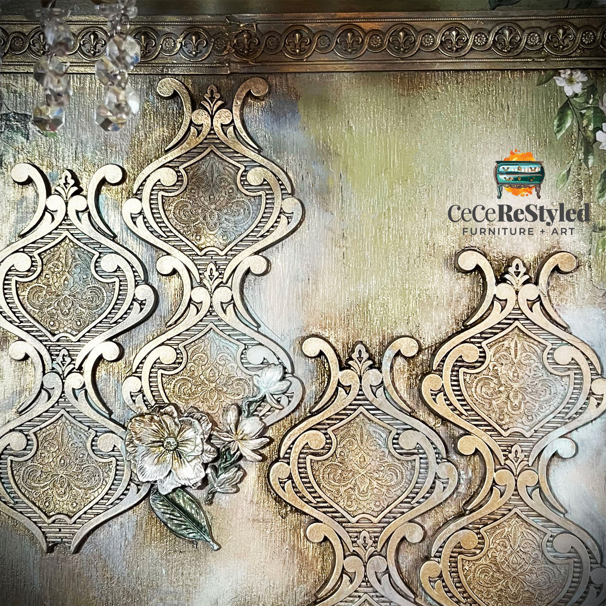 A close-up of a furniture project refurbished by CeCe ReStyled is painted metallic gold and features castings from ReDesign with Prima's Darling Damask silicone mold.