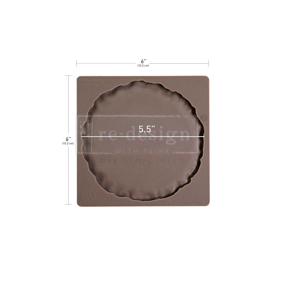 Brown decorative square with scalloped edge and measurements on a white background