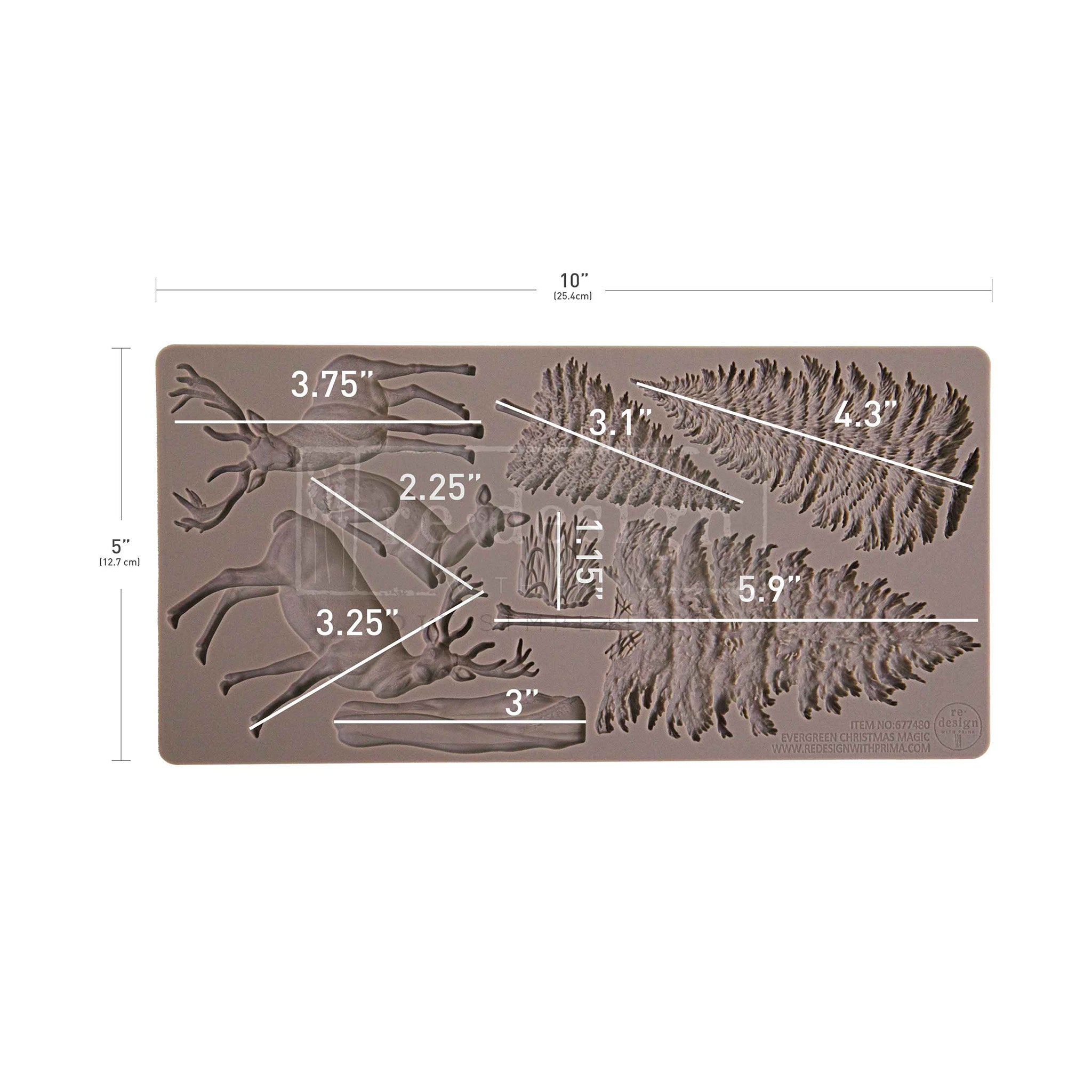 Silicone mold with deer and leaf designs and measurements on a white background
