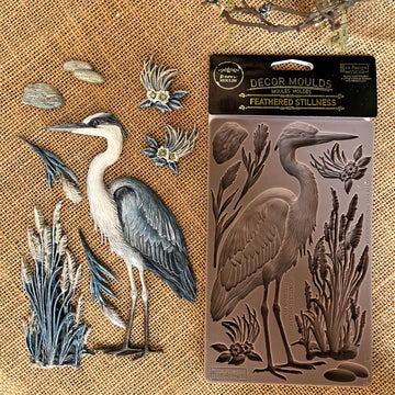 Feathered Stillness silicone mold with painted heron and reed castings for nature inspired DIY decor