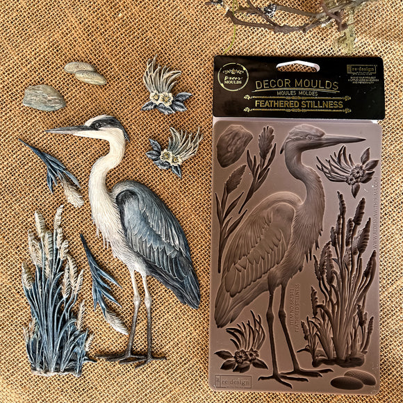 Feathered Stillness silicone mold with painted heron and reed castings for nature inspired DIY decor