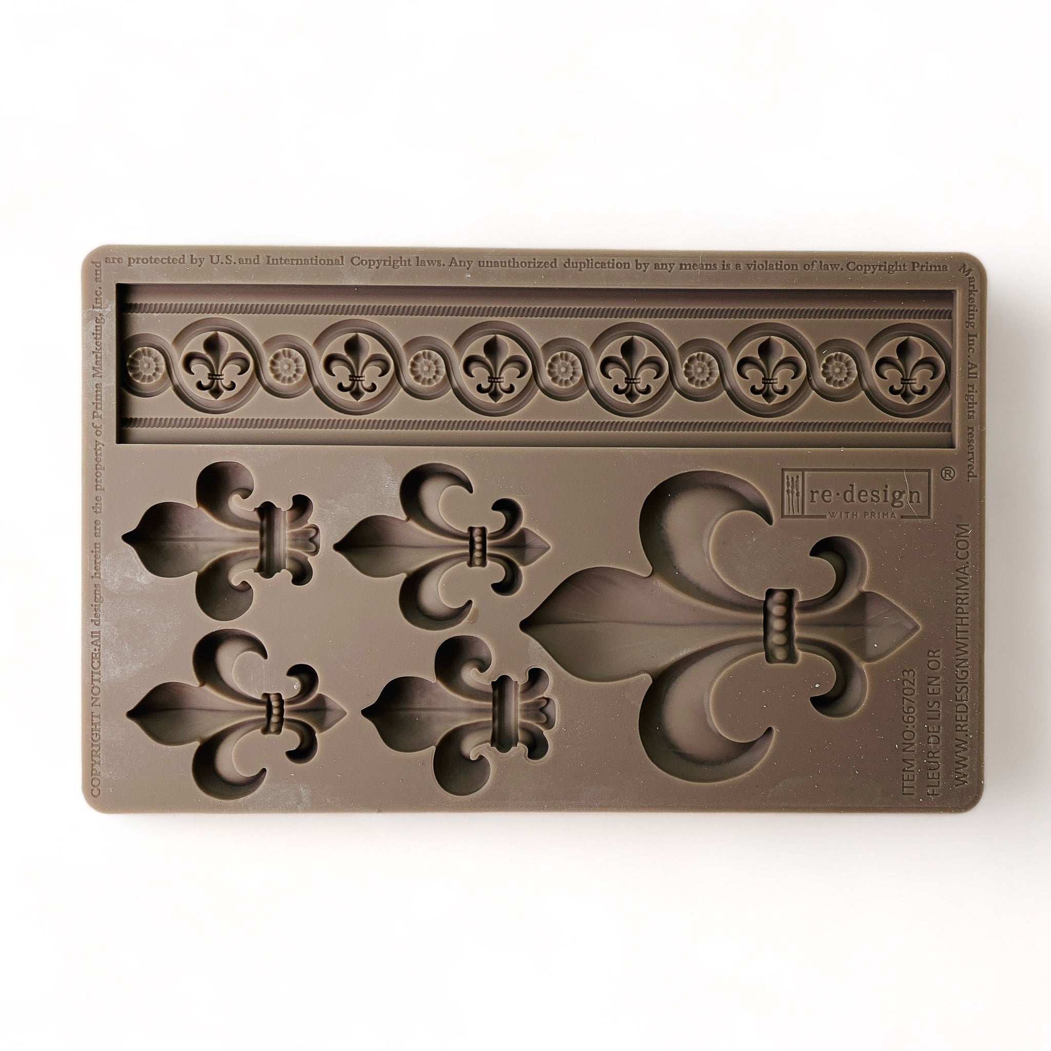 A brown silicone mould that features 5 fleur de lis and a fleur de lis border design is against a white background.