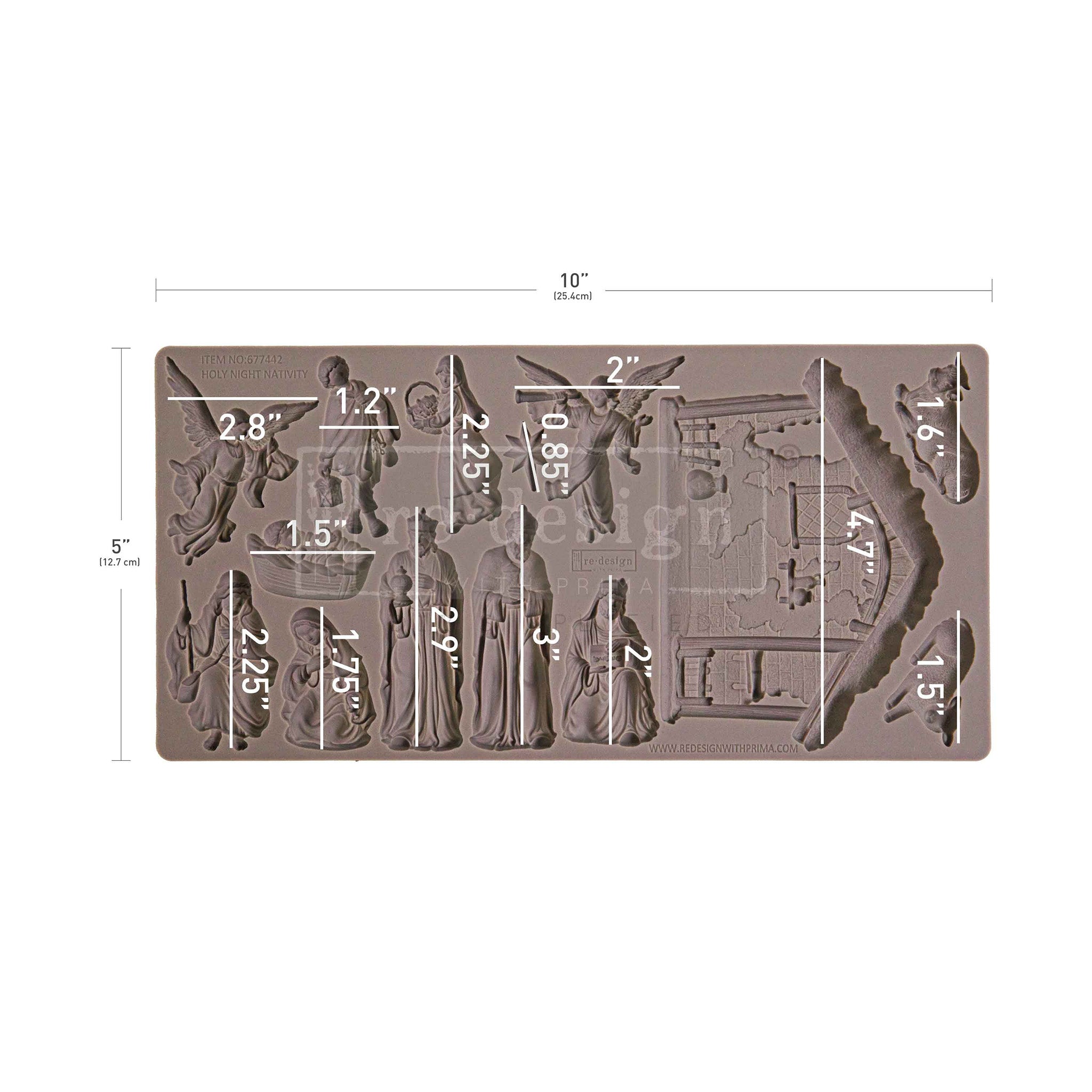 Silicone mold with various shapes and measurements on a white background