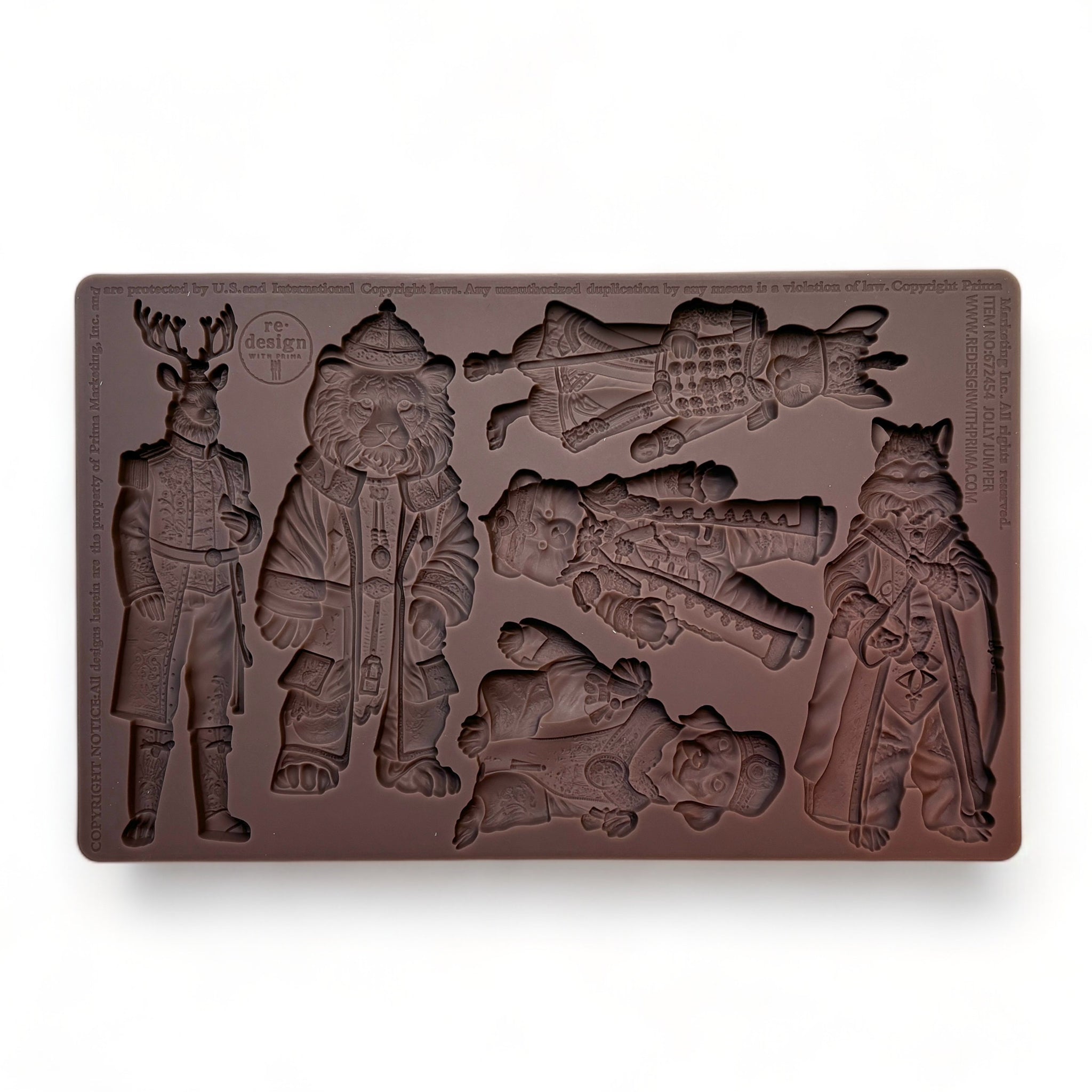 A brown silicone mold featuring 6 upright animal characters dressed in winter clothing is against a white background.