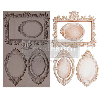 Decorative frame mold and finished frames on a white background