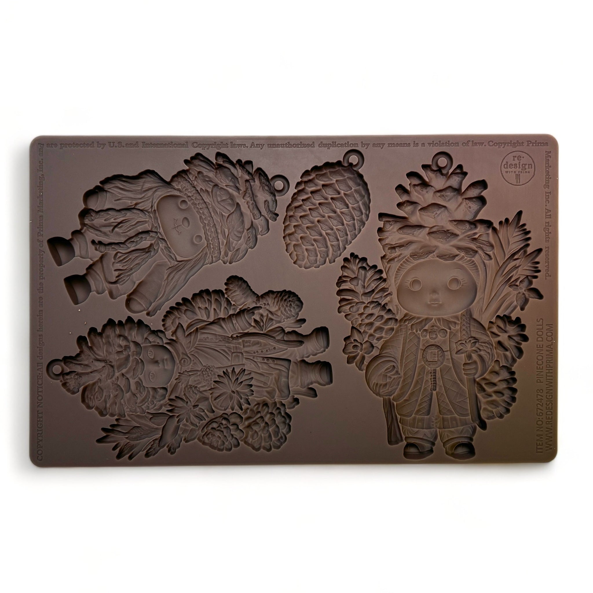 A brown silicone mold featuring a small single pinecone and 3 ornaments of pinecone dolls is against a white background.