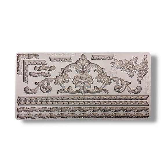 Decorative rectangular silicone mold with intricate patterns on a white background
