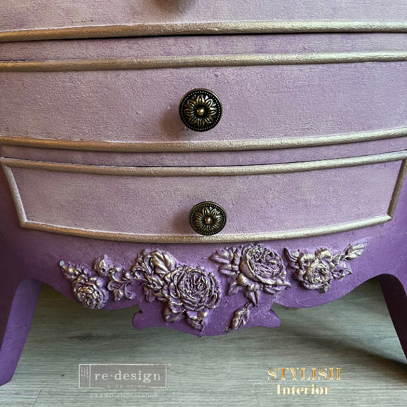 Purple painted furniture drawer with gold floral appliques made from Rosewood Romance silicone mold