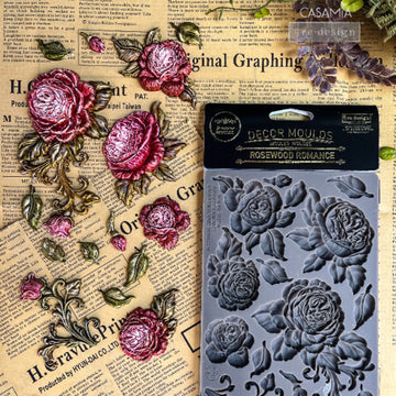 Rosewood Romance silicone mold packaging with painted pink rose and green leaf castings for furniture decor and crafts