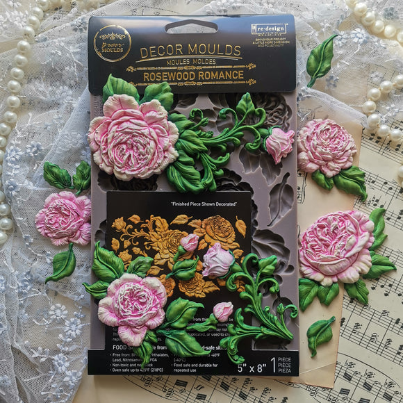 Rosewood Romance Decor Mould with painted floral resin castings, roses, leaves and scrollwork on vintage paper background
