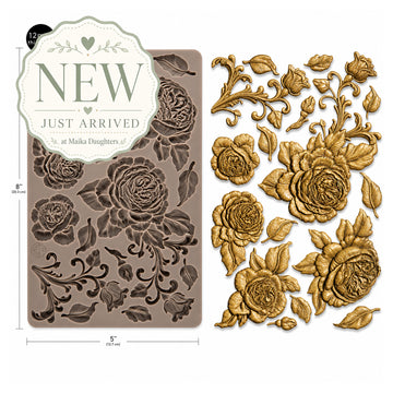 ReDesign with Prima Rosewood Romance 5x8 deep silicone mold with roses, leaves, flourishes and gold resin castings