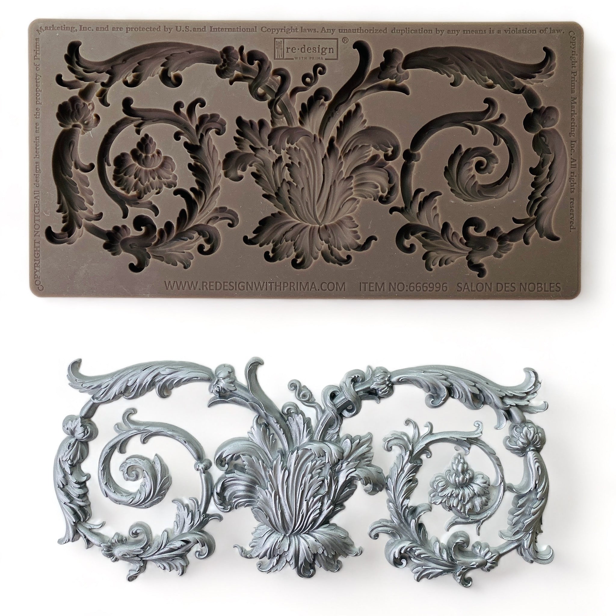 A brown silicone mold and silver-colored casting of a large ornate curling scroll leaf accent piece are against a white background.