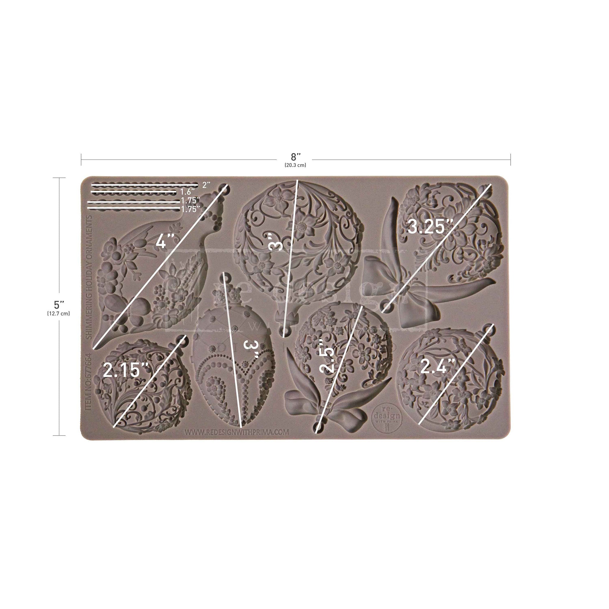 Silicone mold with leaf patterns and measurements on a white background