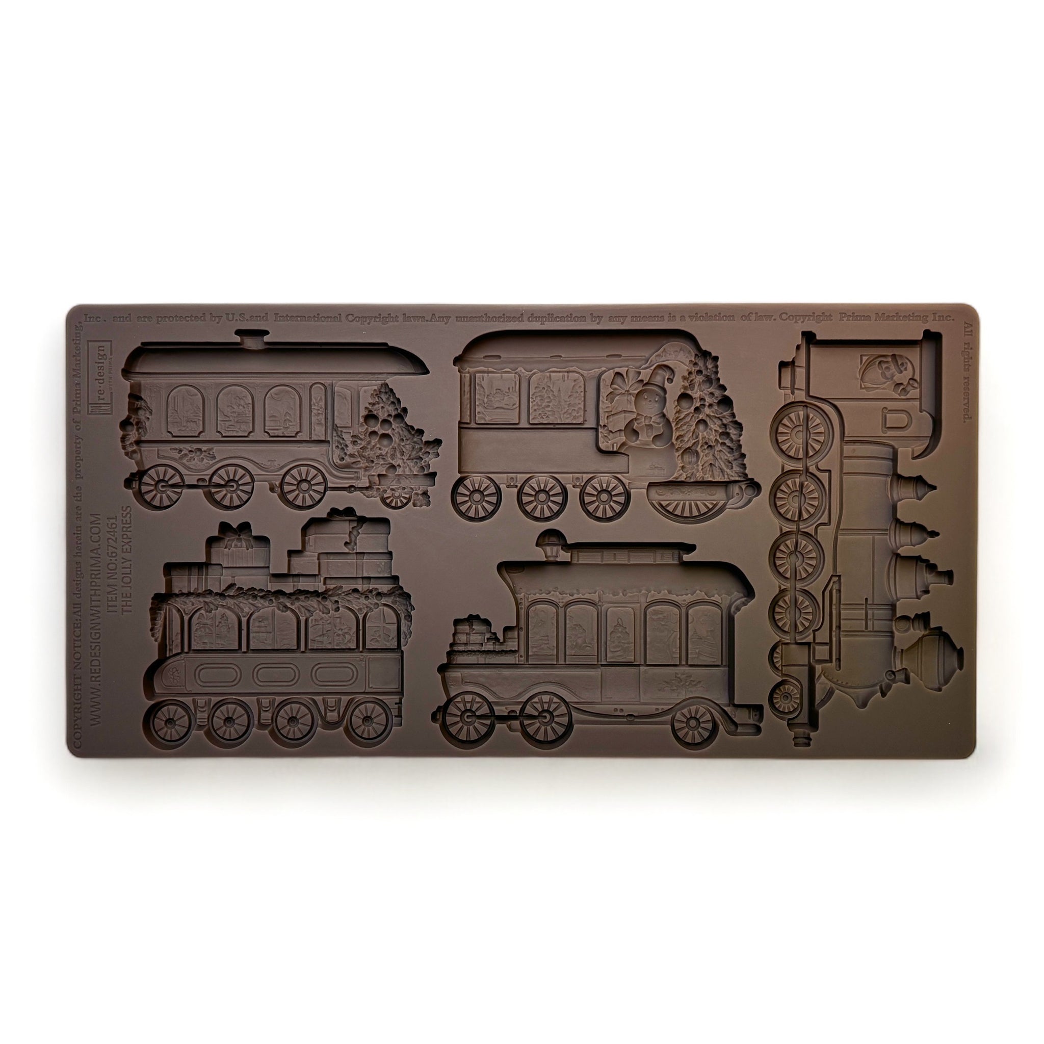 A brown silicone mold and featuring 5 holiday train cars is against a white background.