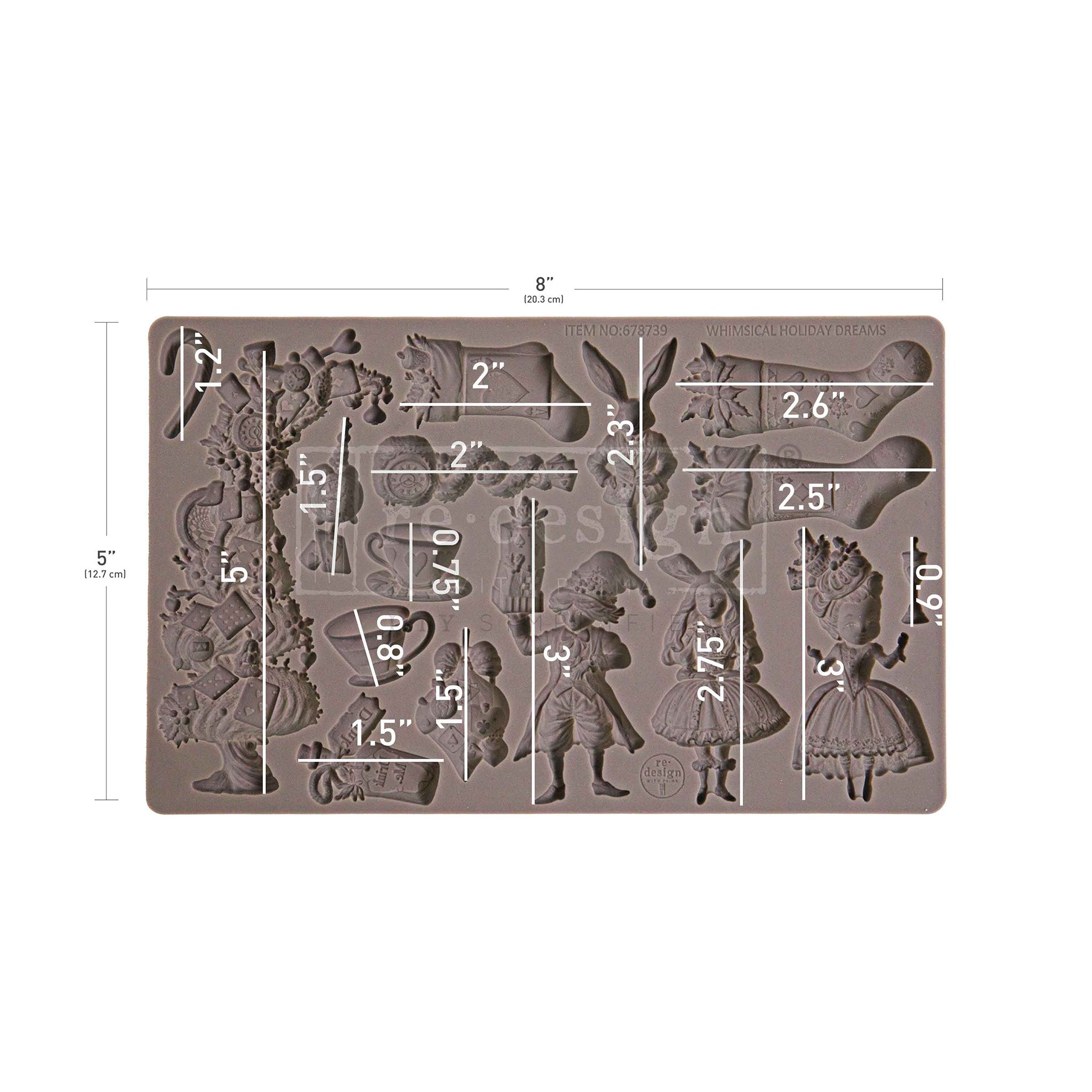 Silicone mold with decorative figures and measurements on a white background
