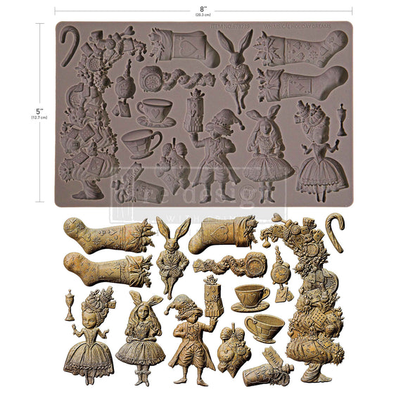 Silicone mold with Alice in Wonderland-themed cavities on a white background