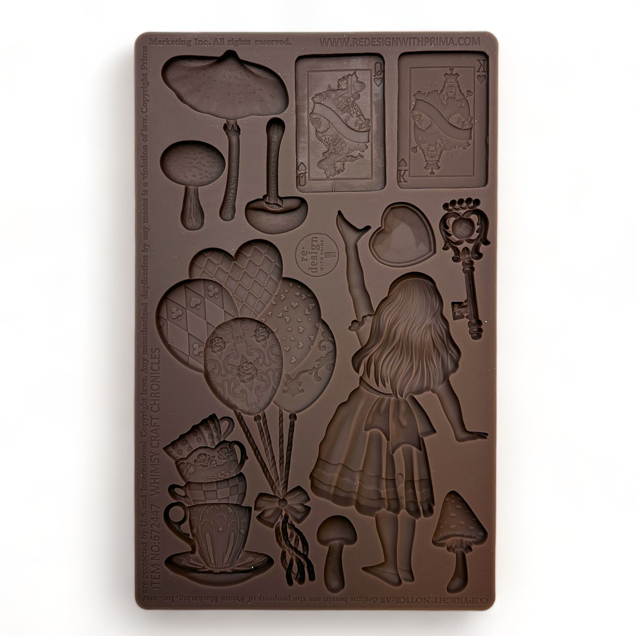 A brown silicone mold featuring Alice in Wonderland, a bouquet of balloons, stack of teacups, mushrooms, playing cards, and a heart is against a white background.