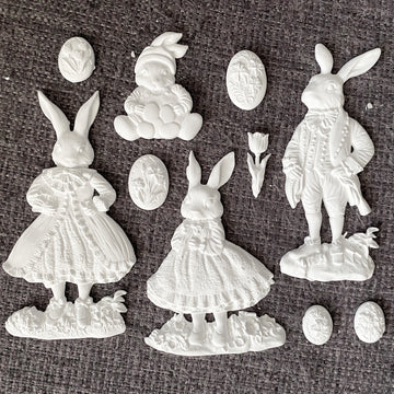ReDesign with Prima Meadow Whispers Rabbits 5x8 silicone mold castings featuring Victorian bunny figures, floral cameos, and spring flowers