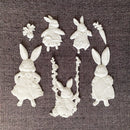 ReDesign with Prima Bunny Trail Tales 5x8 silicone mold resin cast set with bunny figures, swing scene, carrot, radish, and floral garland embellishments
