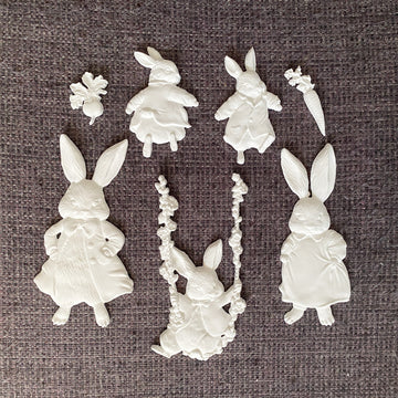 ReDesign with Prima Bunny Trail Tales 5x8 silicone mold resin cast set with bunny figures, swing scene, carrot, radish, and floral garland embellishments