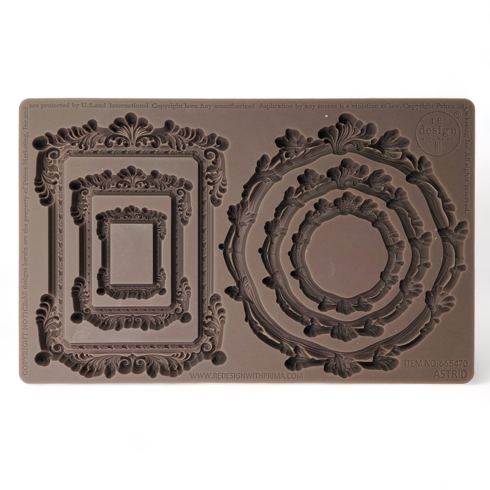 A brown silicone mold that features 6 ornate frames, 3 round and 3 rectangular, is against a white background.